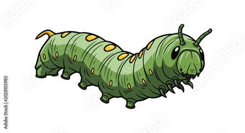 A cartoon green caterpillar with yellow spots and black outlines, on a white background