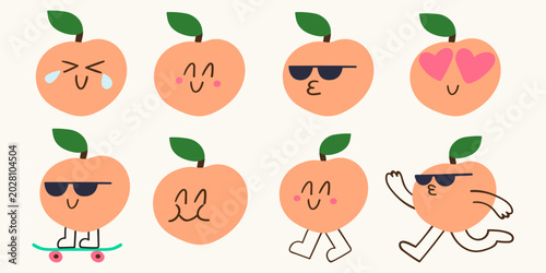 Cute peach characters set with various funny emoji faces for kids mobile games and school stickers
