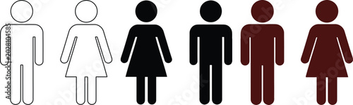 性別と人種を表すシンプルなピクトグラムセット、男性と女性のアイコン、多様な人々を示すベクターイラスト、ウェブサイトやプレゼンテーションに最適