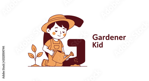 Little girl wearing orange gardening hat.