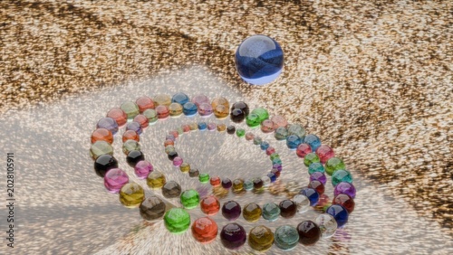 Wide-angle 3D illustration of multiple colorful crystal bead strands artfully scattered on a sunlit sandy beach background, bright and luxury summer vibe.