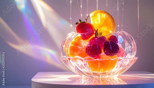 AI Illustration of Frozen Fruits in Ice Dessert, Horizontal Composition