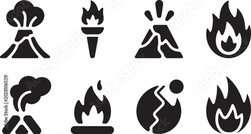 Foto Volcano and fire icons set erupting mountain, torch, exploding earth, and flame