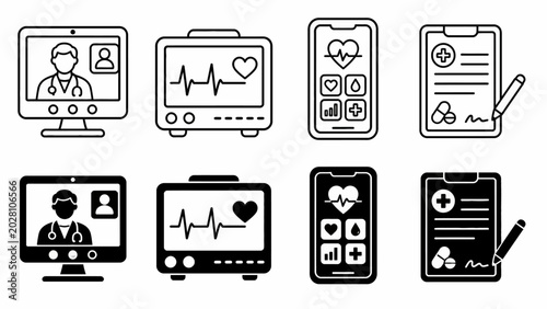 Medical technology interface icons featuring heart monitors and telehealth elements