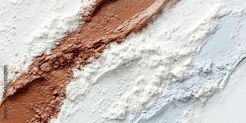 Brown cosmetic powder and white beauty clay blended together to show smooth textures on a bright clean flat surface background