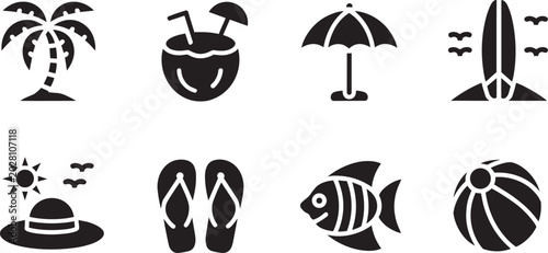 Foto Beach vacation icons set with palm tree, coconut drink, umbrella, surfboard, hat