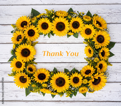 Sunflower Frame with Thank You Message on White Wooden Background