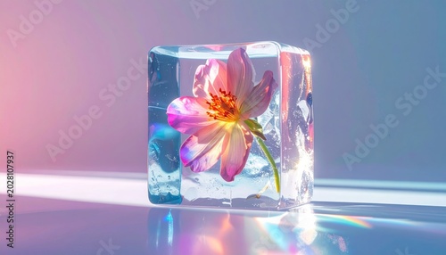 AI Illustration of a Flower Frozen in Ice, Horizontal Composition