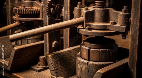 Old Wooden Press Machine Detail Rustic Mechanical Equipment Device with Gears and Handle Historic Winemaking or Oil Production Technology
