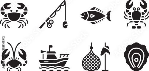 Photography Monochrome vector fishing and seafood icons set, featuring marine animals, boat,