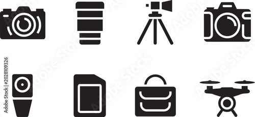 Photos Photography and videography equipment icons set including cameras, drone, tripod