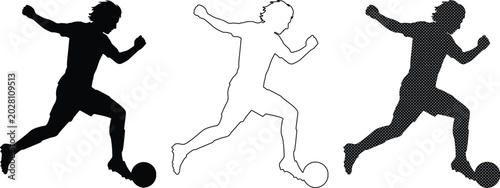 Bild auf Leinwand サッカー選手がボールを蹴る躍動感あるシルエットとアウトラインのベクターイラストセット、スポーツイベントやチームロゴ、ウェブデザインに最適なコレクション