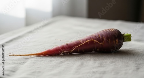 Single Purple Carrot Isolated On Neutral Linen Surface With Natural Light Food Photography For Healthy Eating