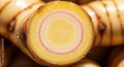 Galangal Root Cross Section Displaying Circular Patterns and Texture Fresh Aromatic Rhizome Ingredient for Culinary Use Earthy Tones and Organic Appearance Close Up