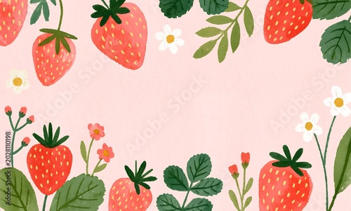 Watercolour illustration of a Cute pink strawberry border