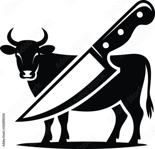 Obraz na płótnie Black silhouette of bull with large knife stuck in its side on white background