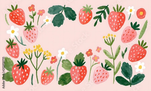 Watercolour illustration of a Cute pink strawberry border