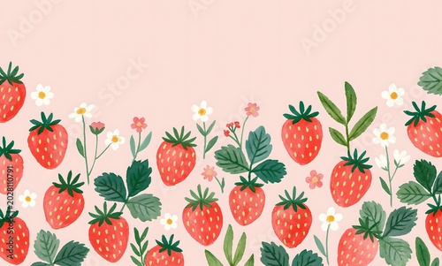 Watercolour illustration of a Cute pink strawberry border