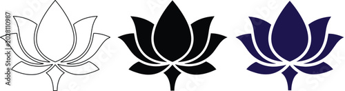 ミニマルな蓮の花のアイコンセット、白黒とネイビーの3種類のベクターイラスト。ヨガ、瞑想、スピリチュアルなデザインに最適なシンボル。