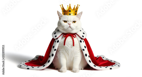 Regal white cat wearing a golden crown and red royal cape on a white background