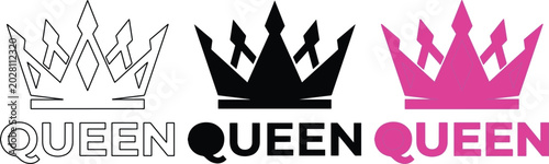 Tableau sur toile 女王の王冠と「QUEEN」の文字、3種類のデザインセット。ロイヤリティと権威を象徴する、シンプルで力強いベクターイラスト。Tシャツデザイン、ロゴ、ウェブアイコン