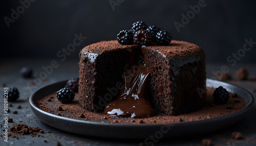 Premium dark food photography of gourmet chocolate fondant lava cake with molten center and fresh blackberries.