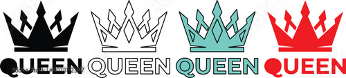 Photos 女王の王冠と「QUEEN」ロゴのベクターセット、黒、アウトライン、ミントグリーン、赤の4種類のデザイン、ロイヤリティと権力を象徴するエンブレム、ファッション、ブ