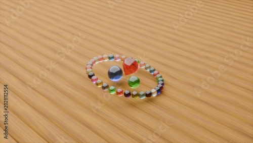 High-angle close-up 3D render of a colorful gemstone necklace arranged in a spiral shape on smooth desert sand ripple waves, luxury jewelry design.