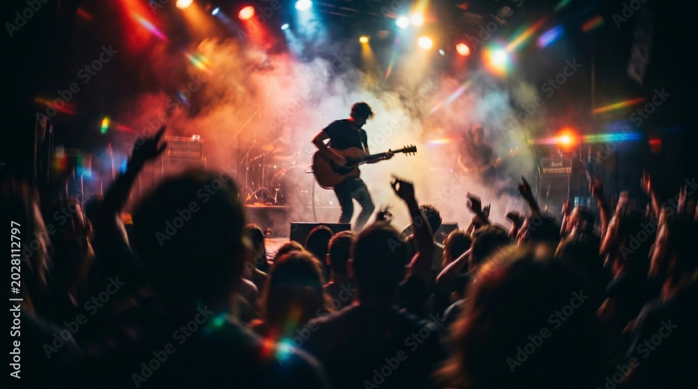 Fototapeta premium Musician playing guitar on stage in front of a cheering crowd at a concert