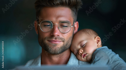 Father baby portrait glasses cuddle father day dad daddy parent holding sleeping infant close home portrait with glasses for father day dad daddy