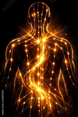 Neurology And Nervous System Anatomy With Bioluminescence Synapse Connectivity, Neural Network Biofeedback, Energy Flow Meridian Chi, Holistic Wellness And Biotechnology Concept