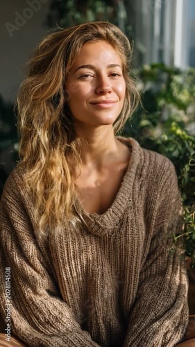 Serene Gaze: A young woman with flowing blonde hair and a warm smile is bathed in soft sunlight, exuding a sense of peace and contentment amidst lush greenery.