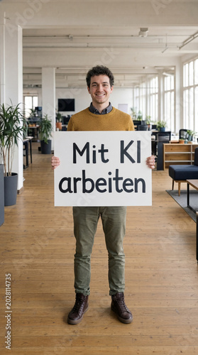 Junger Mann im gelben Pullover mit großem Schild Mit KI arbeiten im großen Loft Büro Totale – Künstliche Intelligenz am Arbeitsplatz Wide Shot