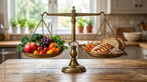 Timbangan Emas Tampilkan Perbandingan Makanan Sehat dan Karbohidrat di Dapur, Konsep Diet Seimbang