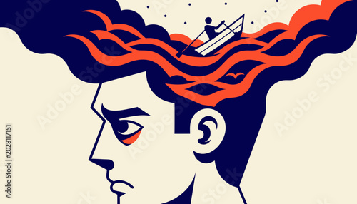 Man with abstract hair and small boat representing thoughts and emotions  