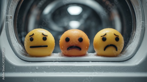 The washing machine is spinning, but what is being washed are human face emojis: sad, angry, happy, confused. Emotion Laundry Day concept 