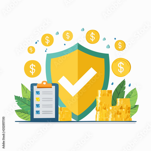 Financial security illustration with insurance and protection planning, flat vector design
