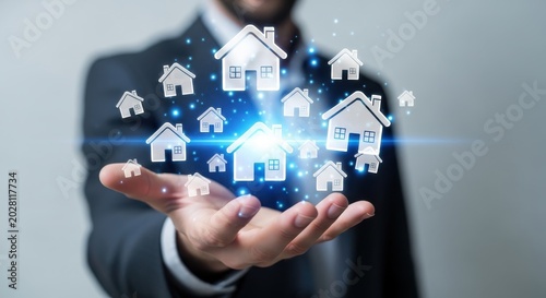 Businessman holding virtual house icons, futuristic technology concept, indoor setting, professional mood