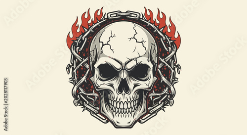 A menacing skull with cracking detail, encircled by chains and flames, on a pale background