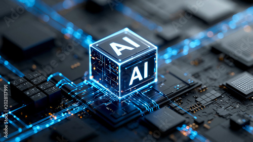 AI Chip on Circuit Board: A glowing cube with AI inscribed on its surfaces is positioned at the center of a complex electronic circuit board.