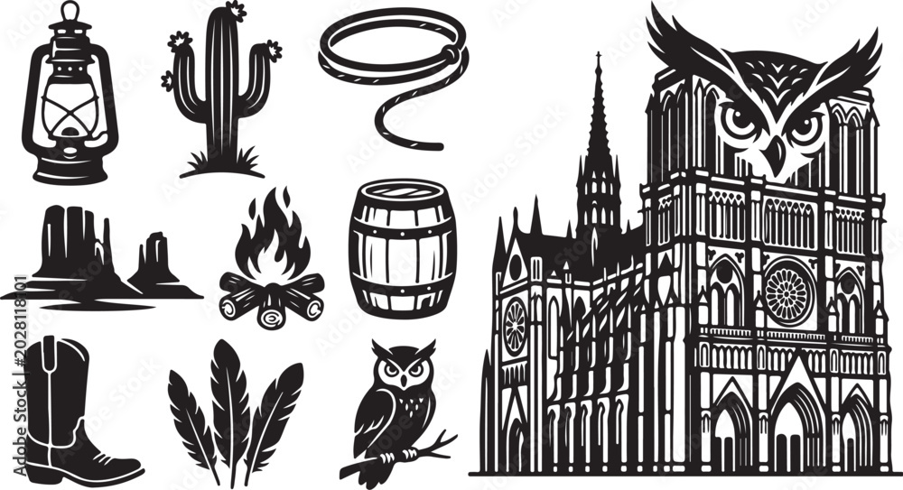 Fototapeta premium Vintage Western and Gothic Architectural Vector Icons Set
