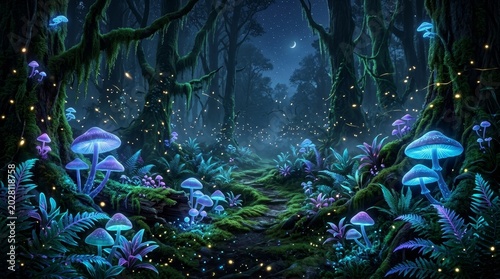 Bioluminescent forest glow in the dark