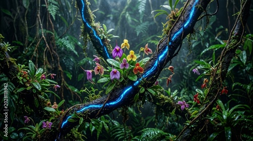 Bioluminescent orchid flower concept in the middle of a dark forest