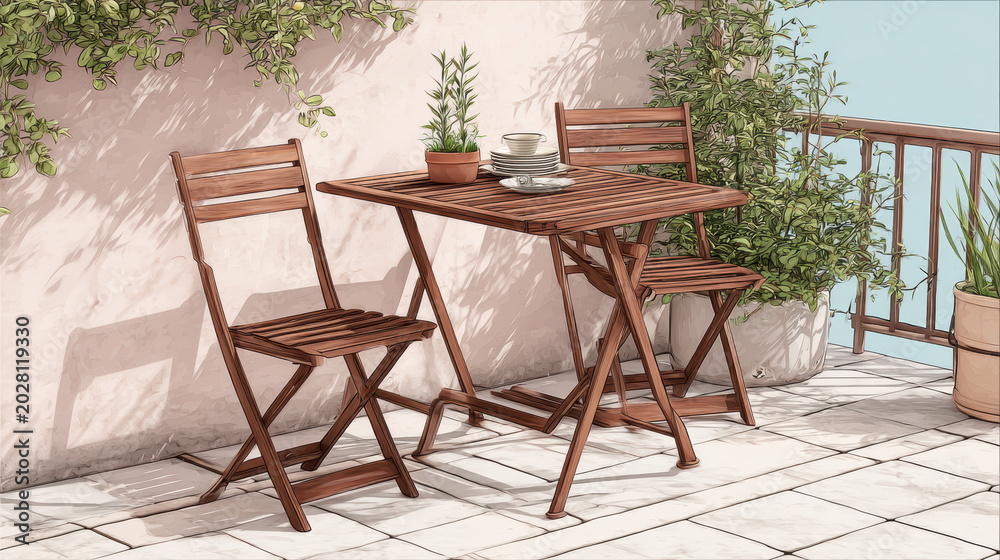 Fototapeta premium Aesthetic Outdoor Terrace Table Mockup Folding Furniture Display