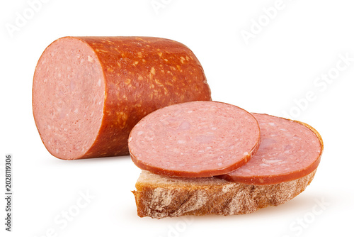 Smoked salami sausage and slice of bread