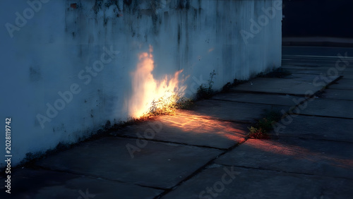 Glowing golden sunset light reflection on old concrete street wall.