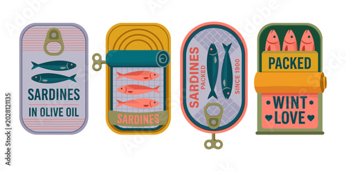 Fotografie Various cans of sardines in oil vector illustration canned food packaging white