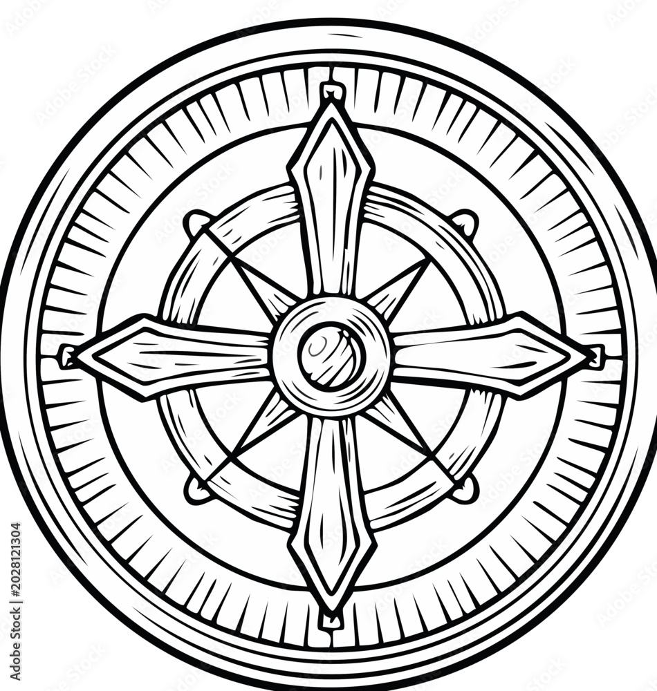 Fototapeta premium Antique nautical compass rose and ship steering wheel drawing in black and white outline