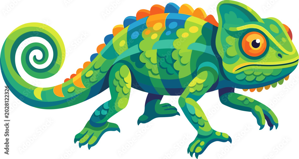 Fototapeta premium Colorful patterned chameleon walking in profile view