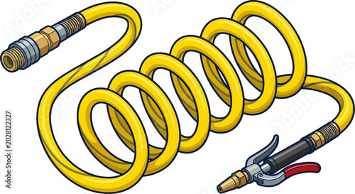 Coiled yellow pneumatic air hose with spray gun nozzle